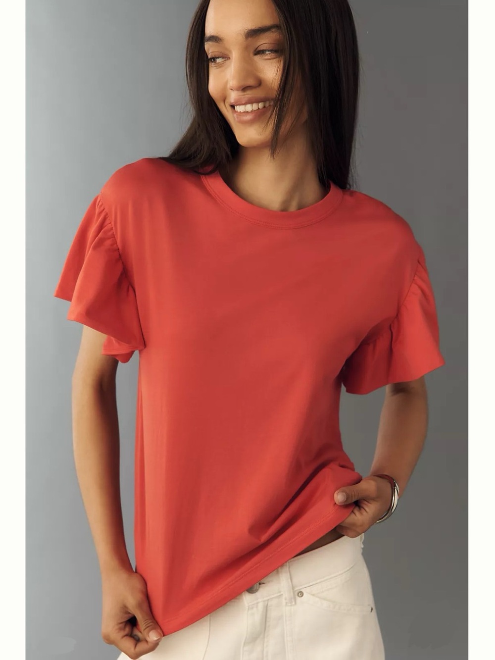 NWT Nation Los Angeles Camille Flutter-Sleeve Tee, Light Red, XS